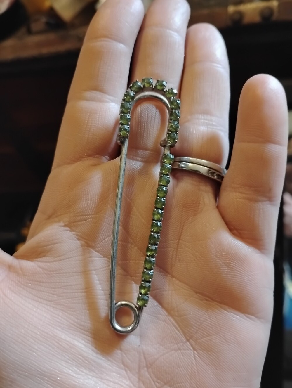 Green Crystal Safety Pin Brooch - Women Jewelry